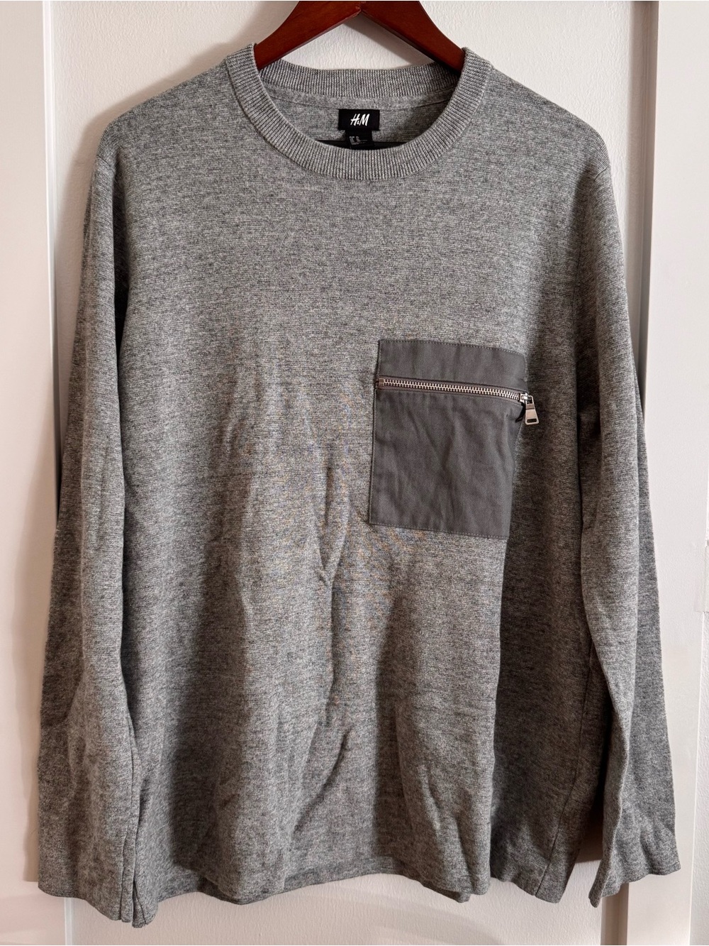 H&M Men's Heather Gray Crewneck Sweater with Zip Chest Pocket